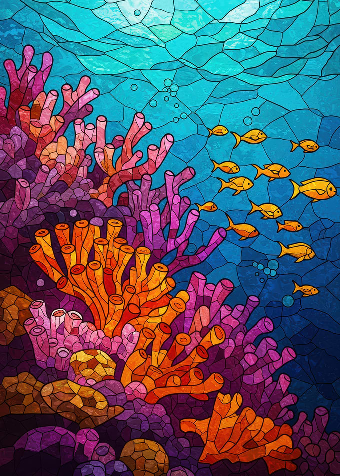 Stained Glass Coral Reef with Fish