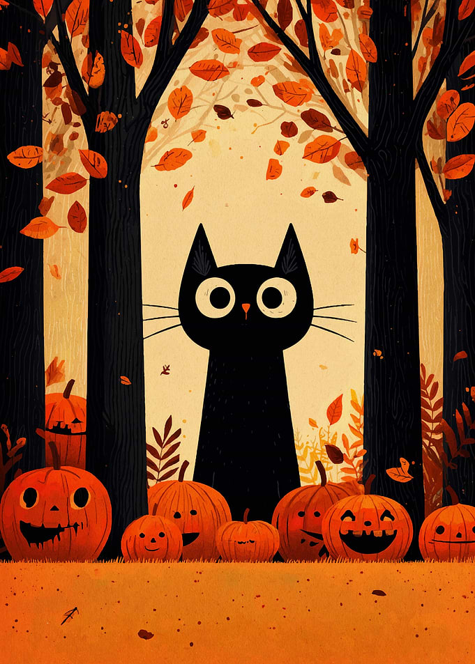 Halloween Cat and Pumpkins in Autumn