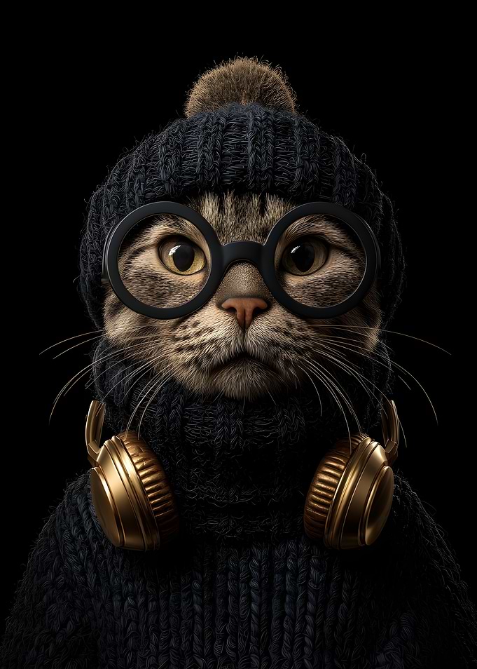 Cat with Glasses, Hat, and Headphones
