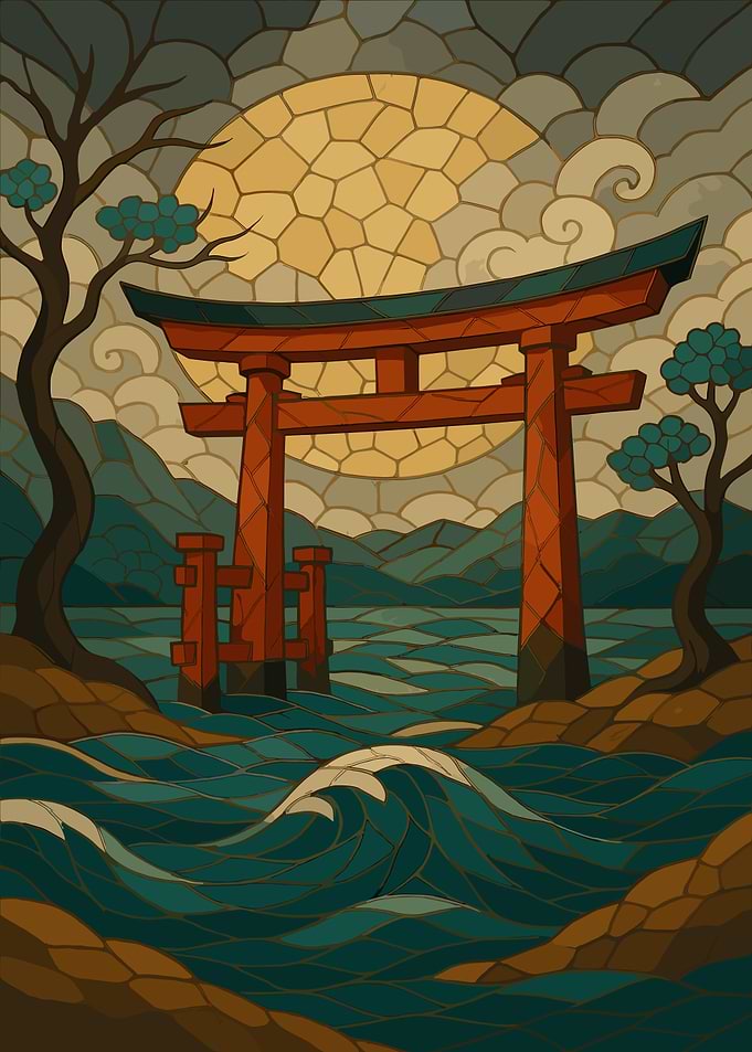Japanese Torii Gate Stained Glass Style