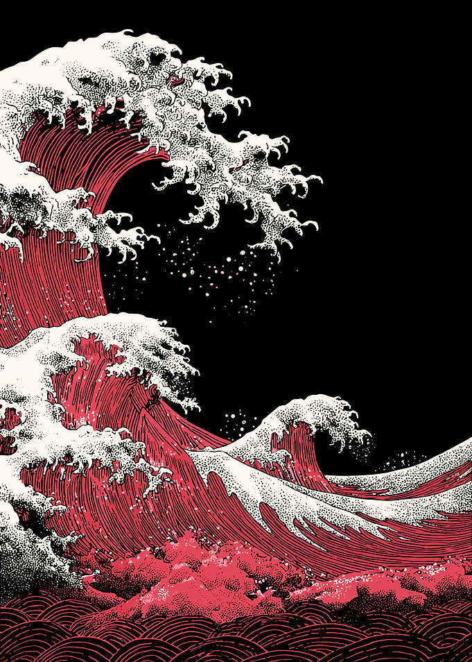 Red and White Ocean Wave Art