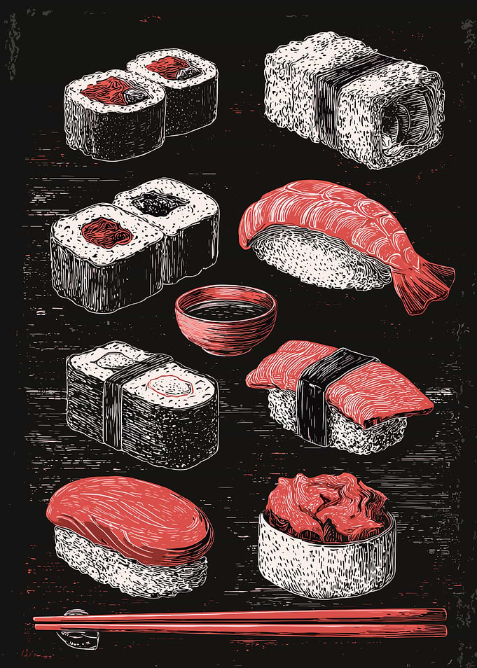 Sushi Assortment Illustration on Black Background