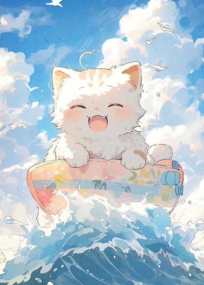 Happy Cat Surfing Wave