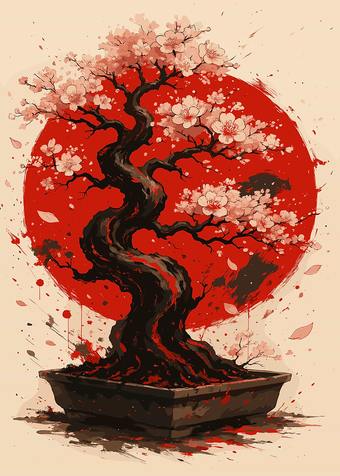 Bonsai Tree with Red Sun