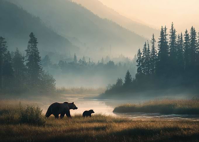 Bears in Misty Mountain Landscape