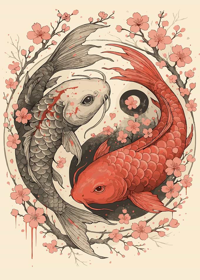 Yin Yang Koi Fish with Cherry Blossoms