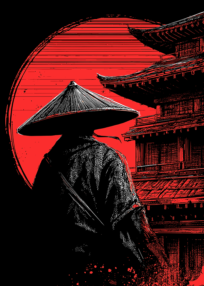 Samurai and Temple in Red and Black