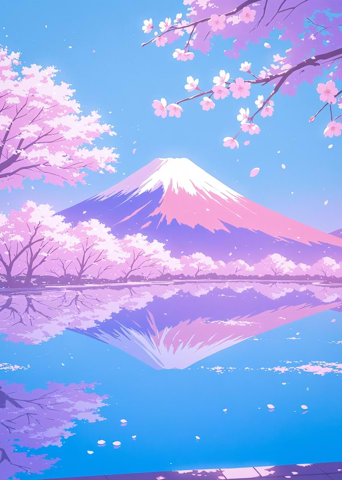 Anime Mount Fuji and Cherry Blossoms Japan