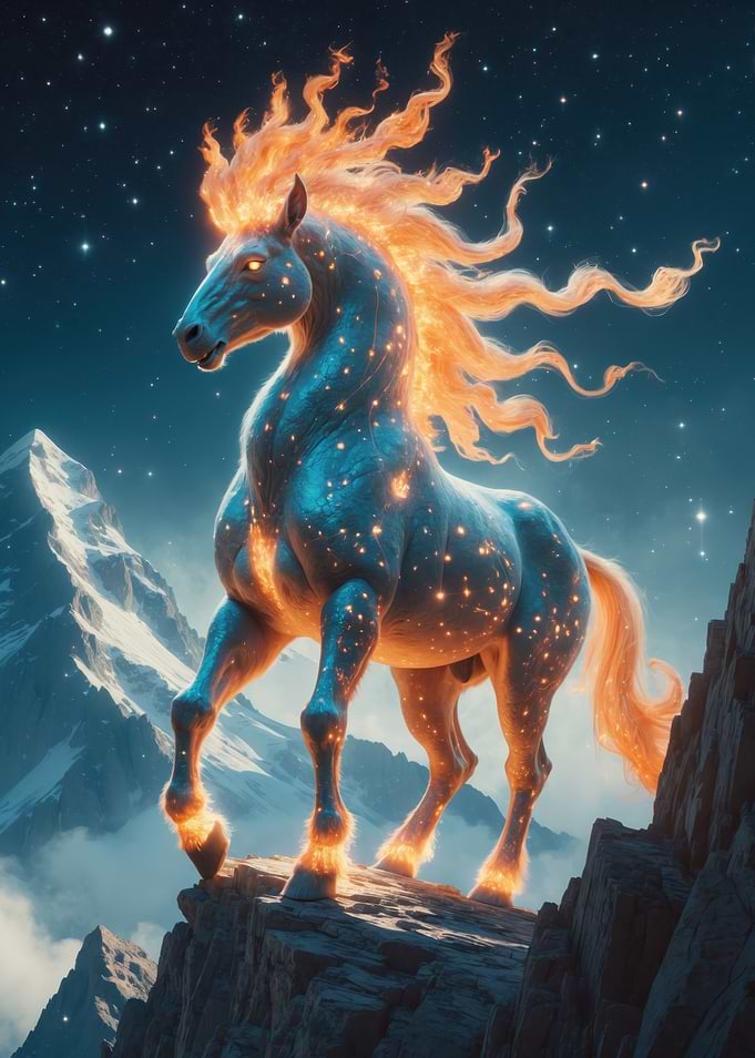 Celestial Flame Stallion — Fiery-Mane Fantasy Horse Illustration