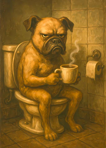 Grumpy Dog on Toilet with Coffee