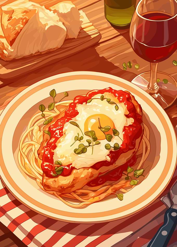 Chicken Parmigiana with Spaghetti and Wine