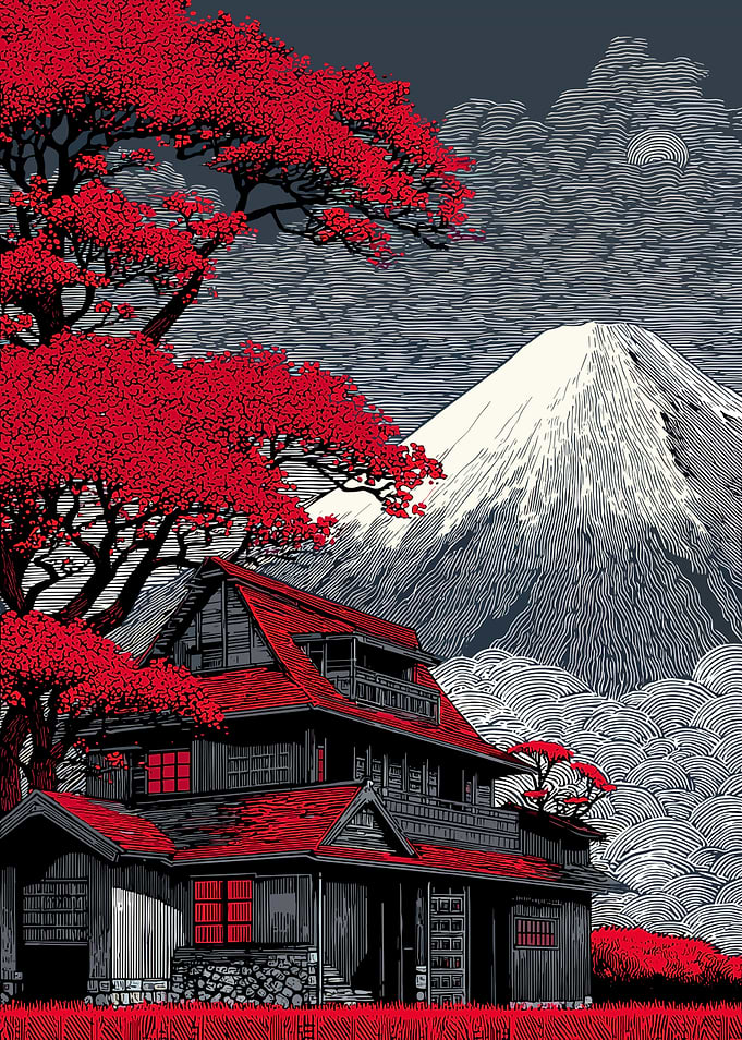 Japanese House with Mount Fuji