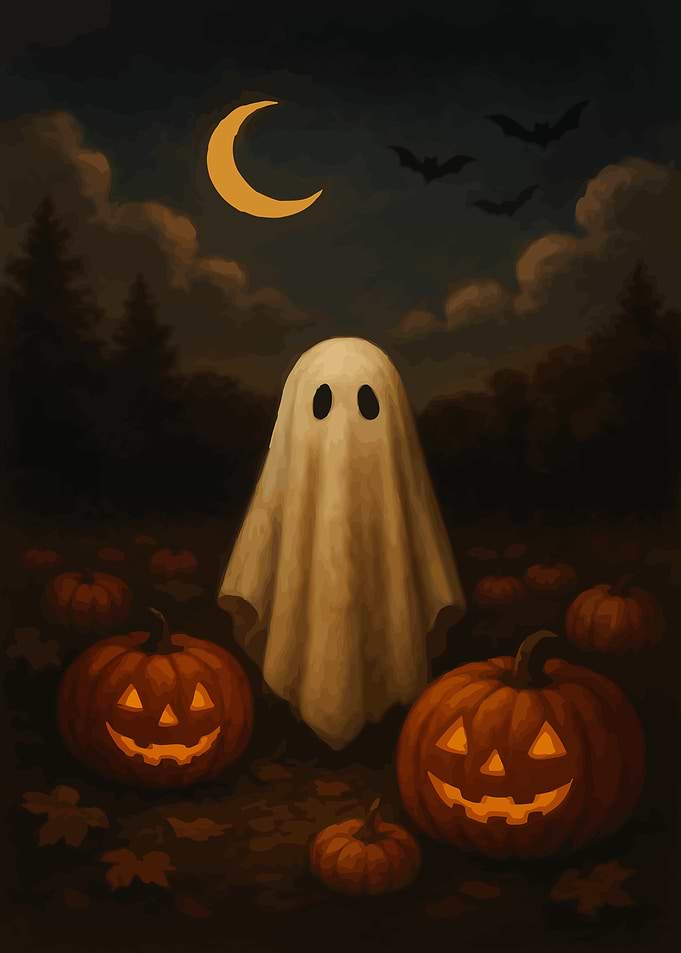 Cute Ghost with Pumpkins – Spooky Halloween Wall Art