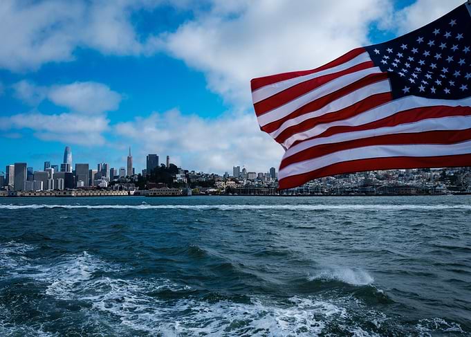 American Flag with San Francisco Skyline