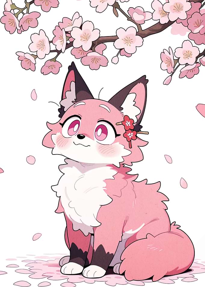 Pink Fox with Cherry Blossoms