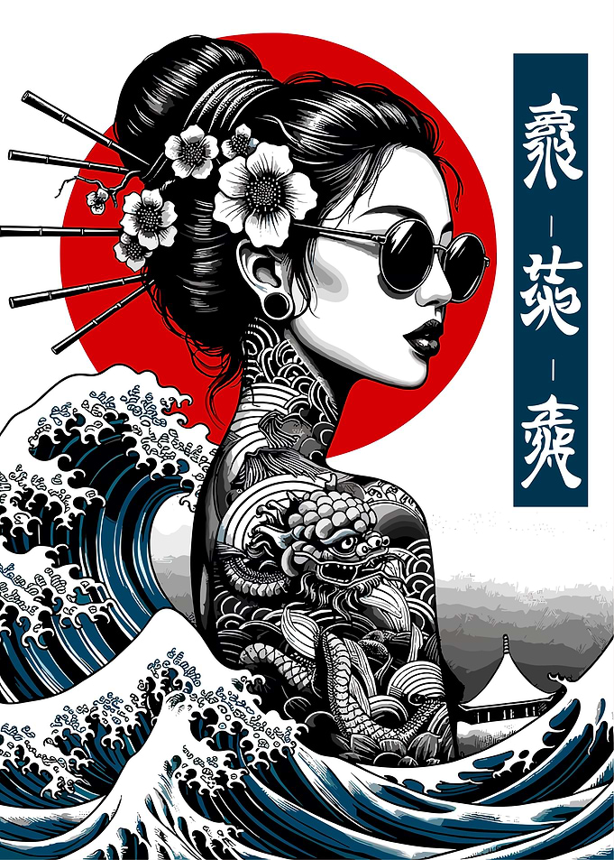 Tattooed Geisha with Dragon and Waves