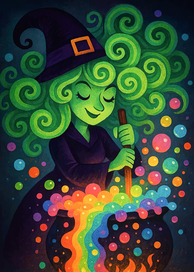 Witch Stirring Rainbow Cauldron