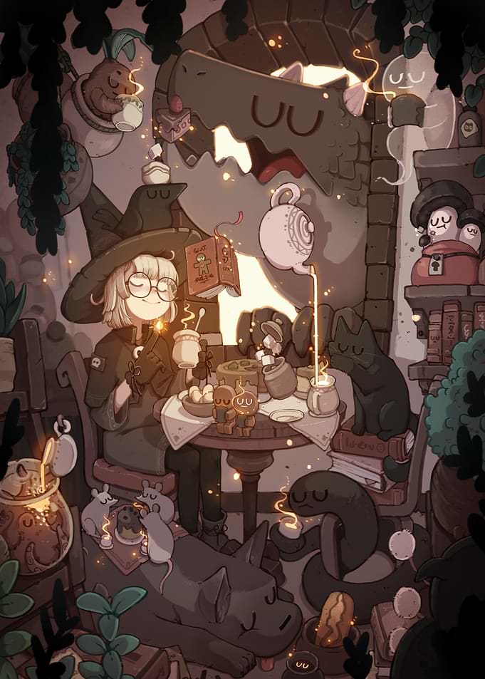 Whimsical Witch Tea Party Illustration