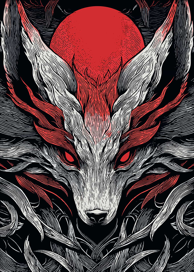 Fox with Red Moon Illustration