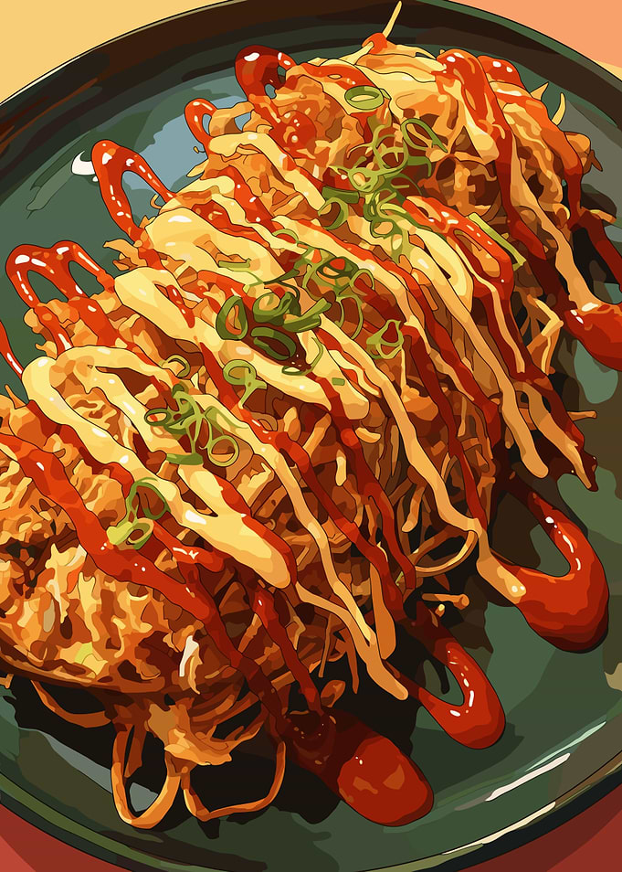 Okonomiyaki with toppings on a plate