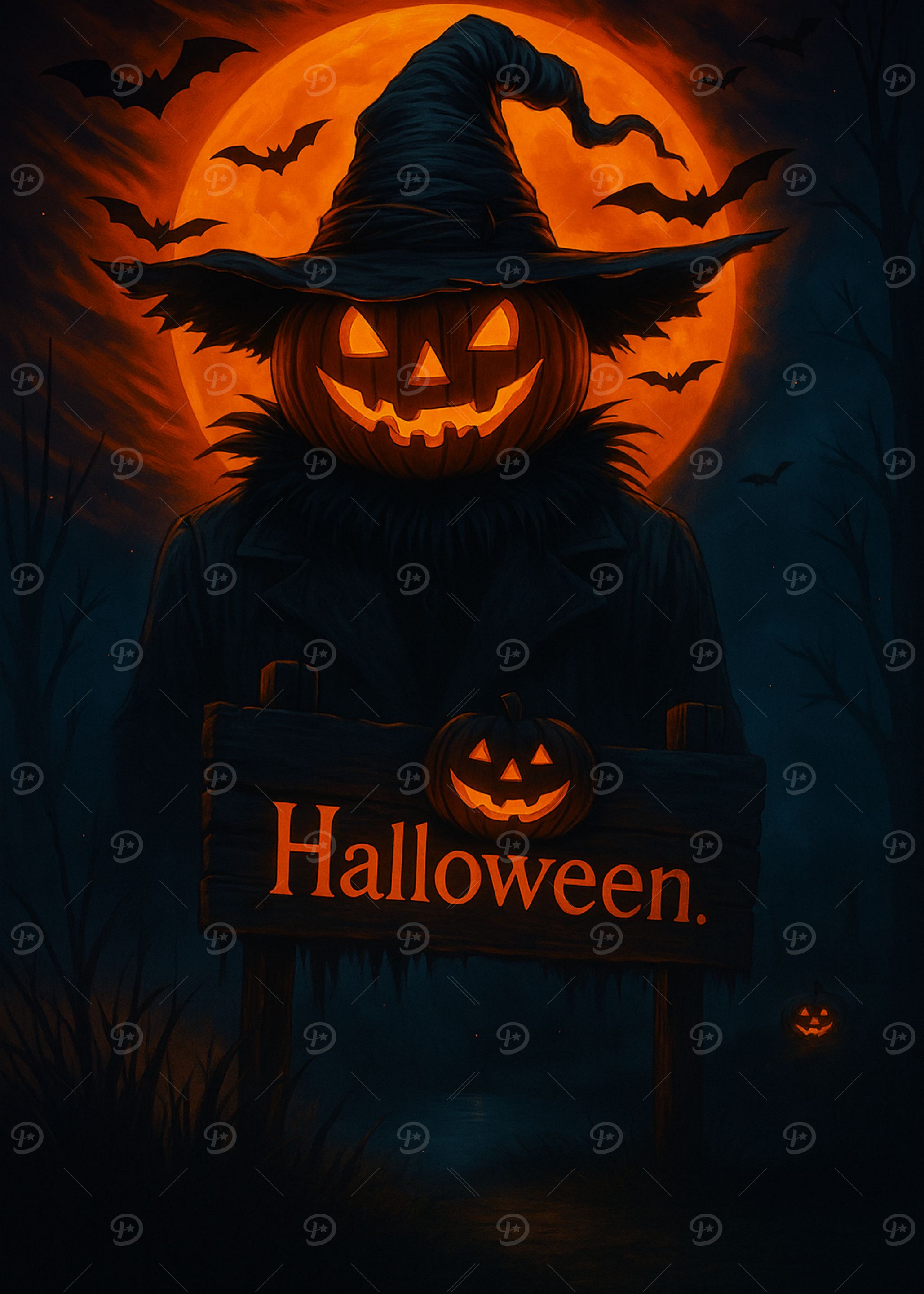 Halloween Pumpkin Scarecrow with Bats