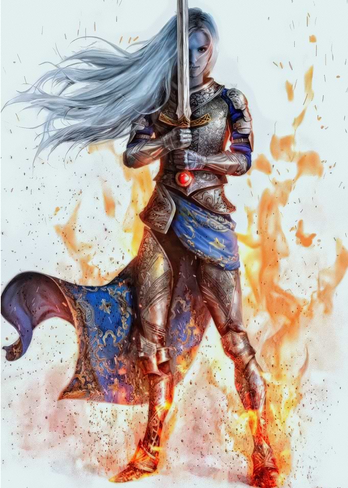 Female Warrior with Sword in Flames