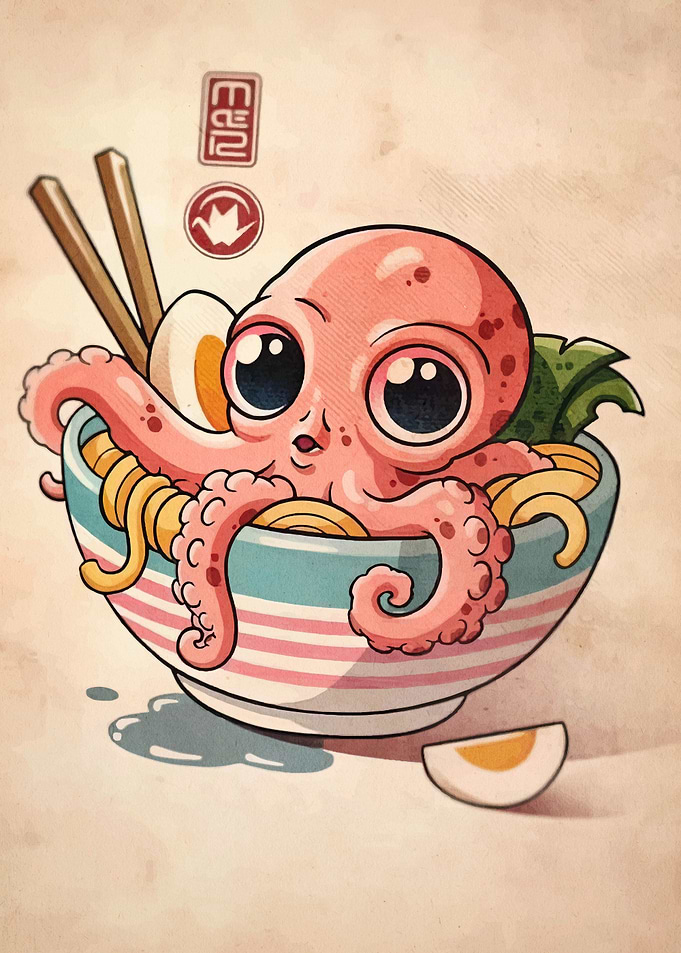 Octopus in Ramen Bowl Illustration