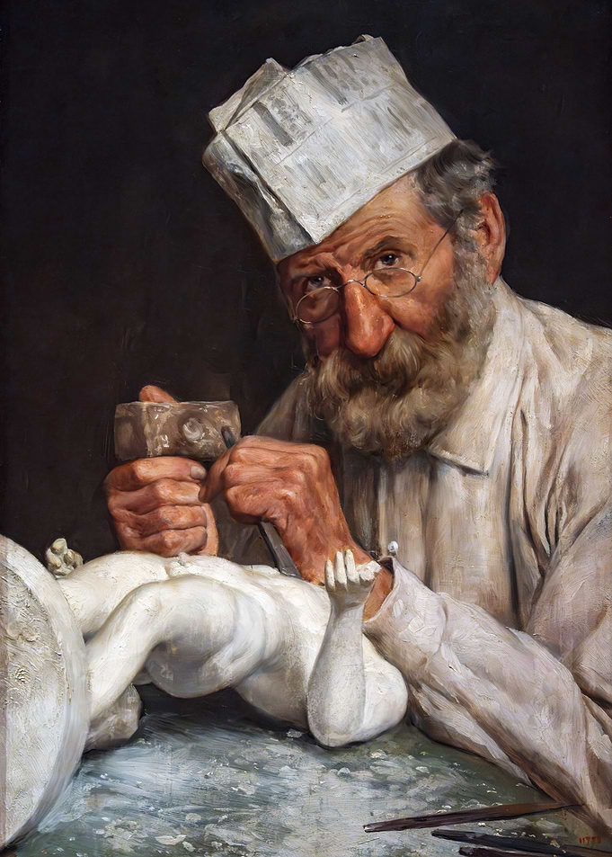 Sculptor at Work: Detailed Oil Painting