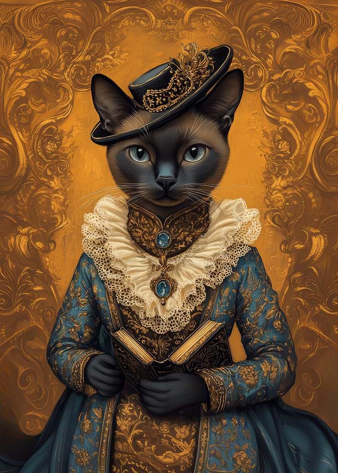 Regal Cat Portrait with Book | Vintage Siamese Aristocat Wall Art