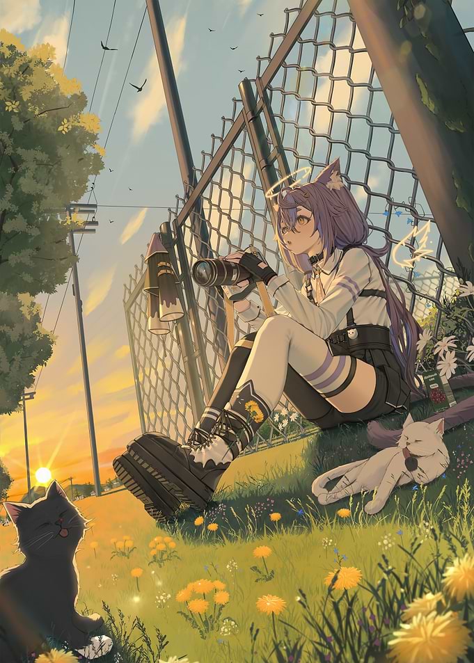 Anime Girl with Cats and Camera