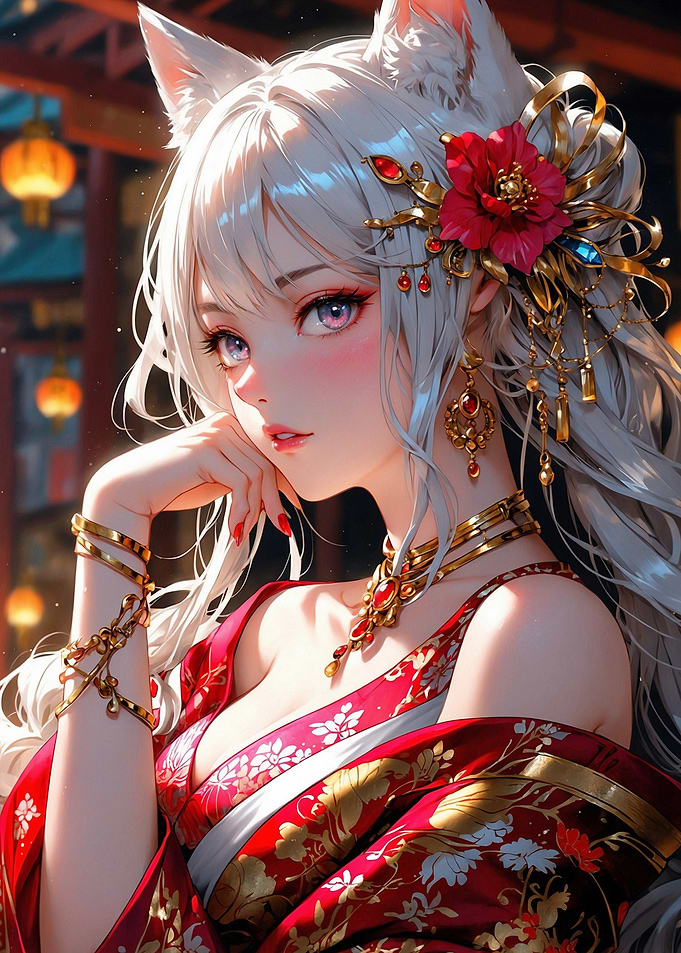 Anime Fox Girl with Red Kimono