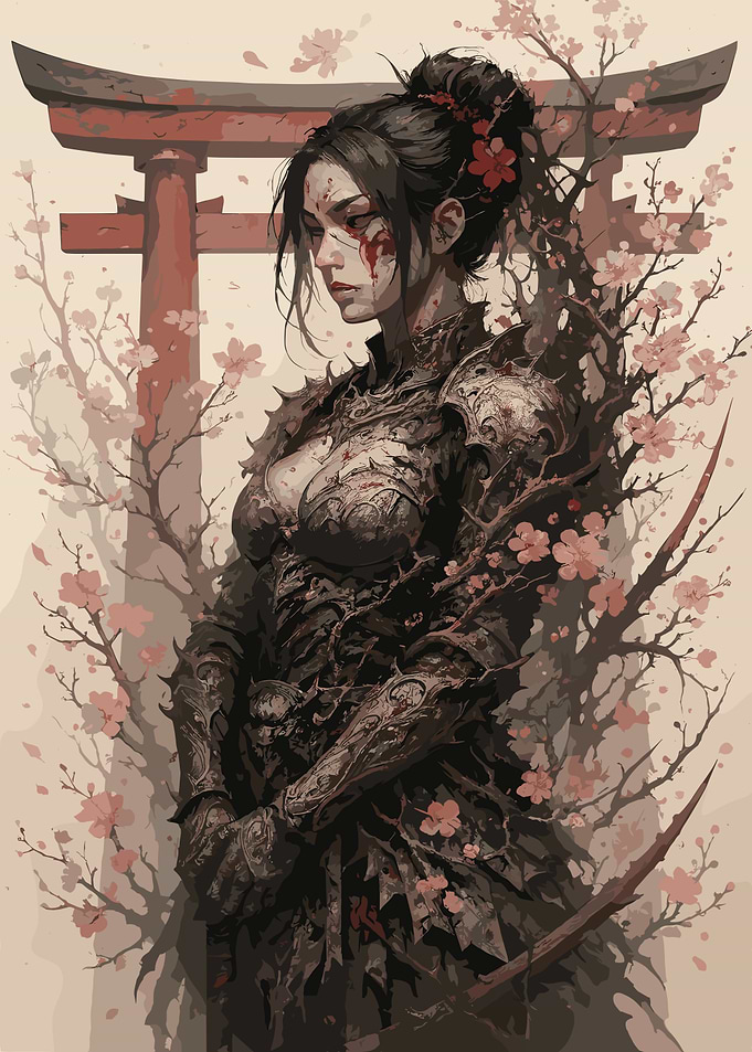 Wounded Samurai Woman with Cherry Blossoms