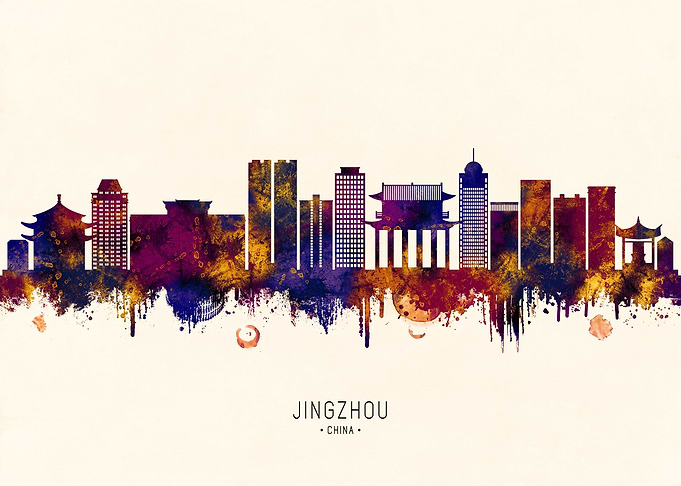 Jingzhou, China Skyline Watercolor Silhouette