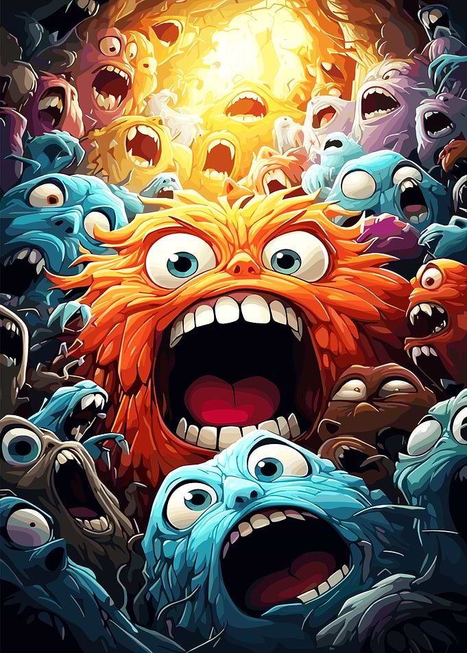 Cartoon Monsters Screaming in a Crowd