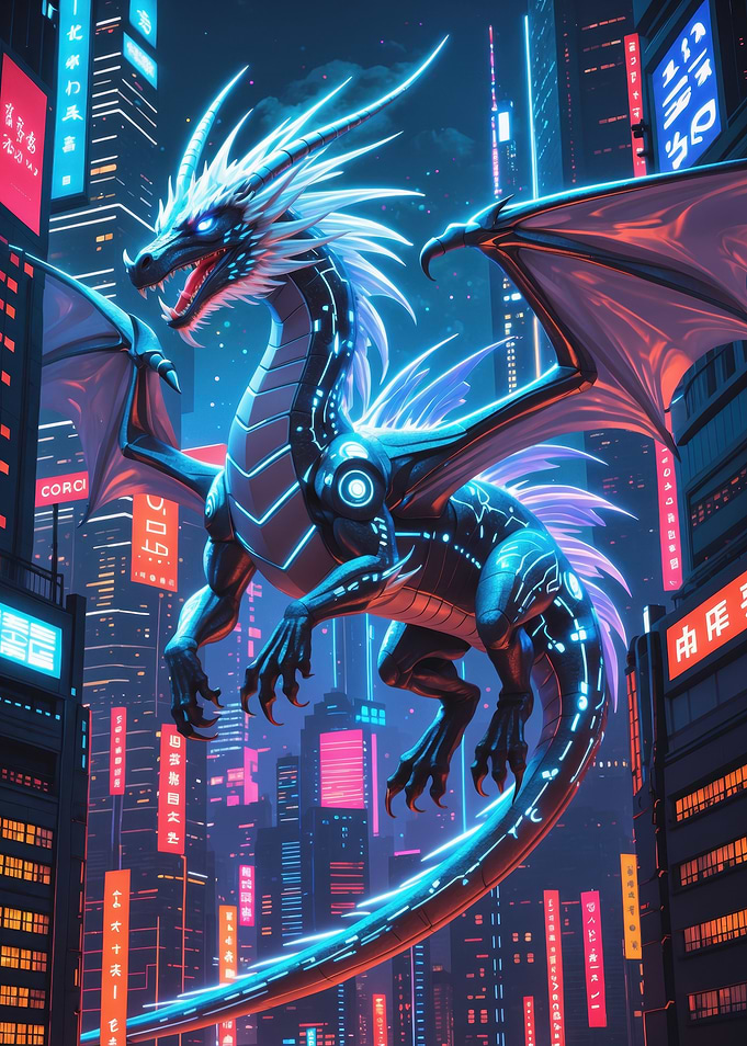 Neon Cyber Dragon Above Futuristic City — Cybernetic Dragon Digital Illustration