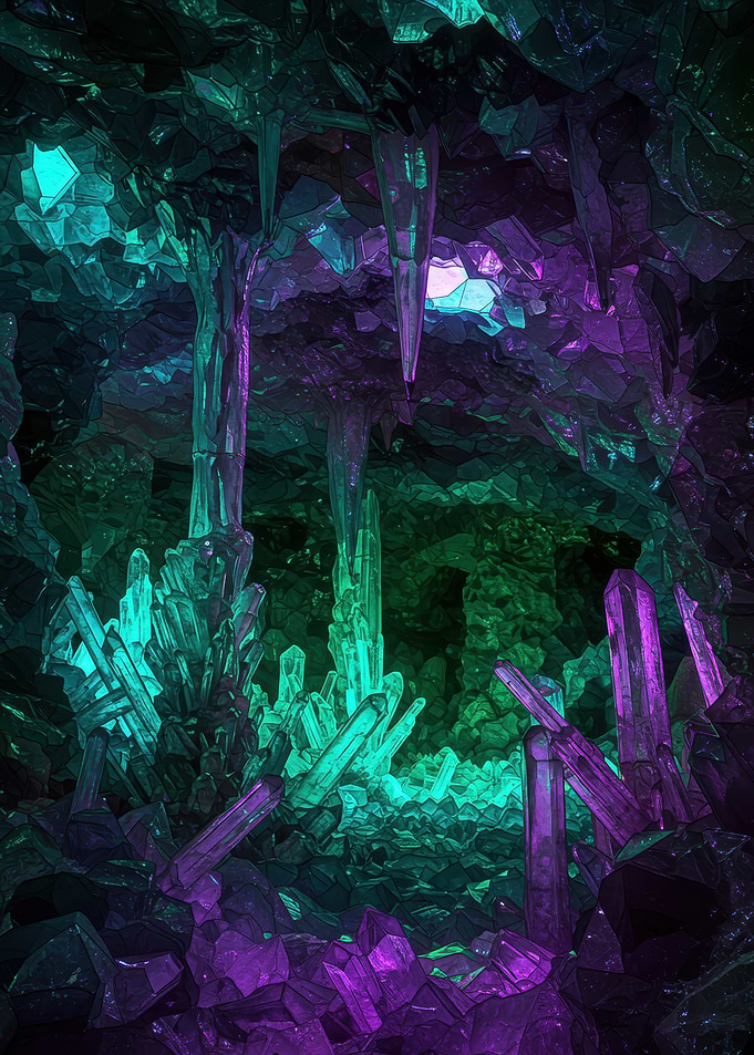 Crystal Cave with Green and Purple Hues