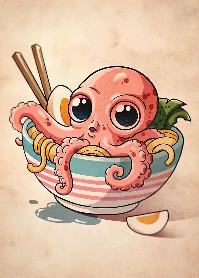 Octopus in Ramen Bowl Illustration