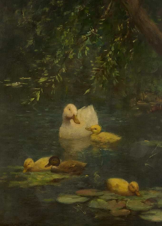 Duck and Ducklings in Pond Painting