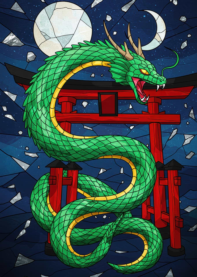 Green Dragon Coiled Around Torii Gate