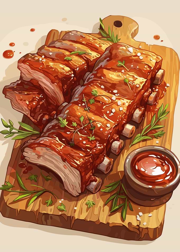 Delicious BBQ Ribs on Wooden Board