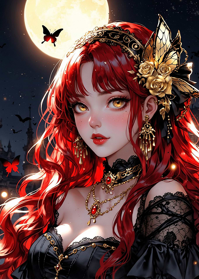 Red-haired woman in gothic attire