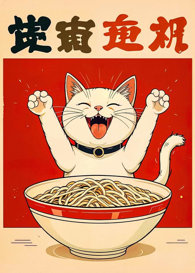 Happy Cat with Noodles