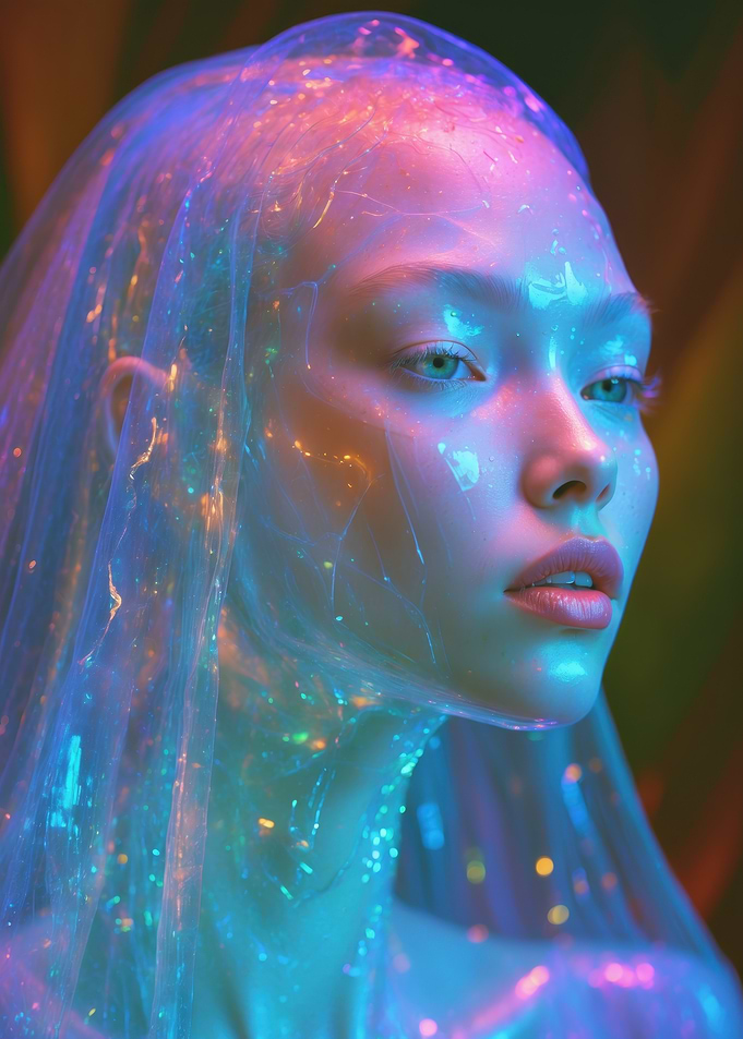 Ethereal Neon Veil — Futuristic Portrait of a Woman in Iridescent Glow