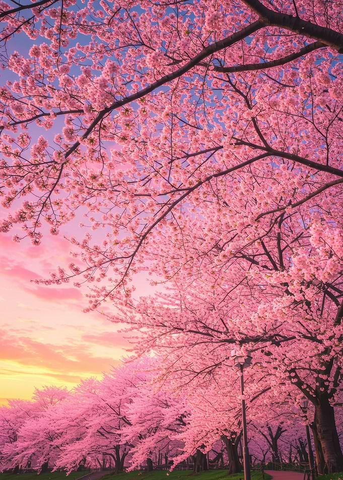 Cherry Blossom Trees at Sunset