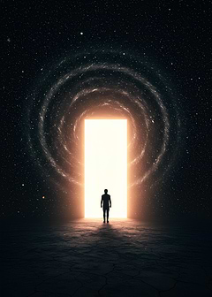 Man at Glowing Doorway in Space