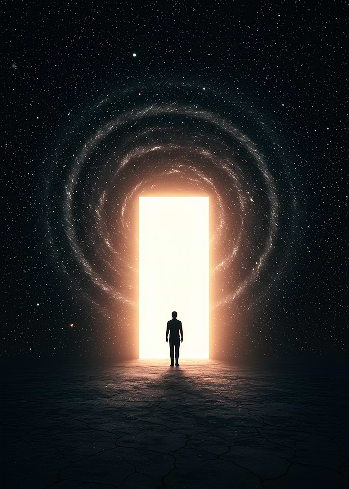 Man at Glowing Doorway in Space
