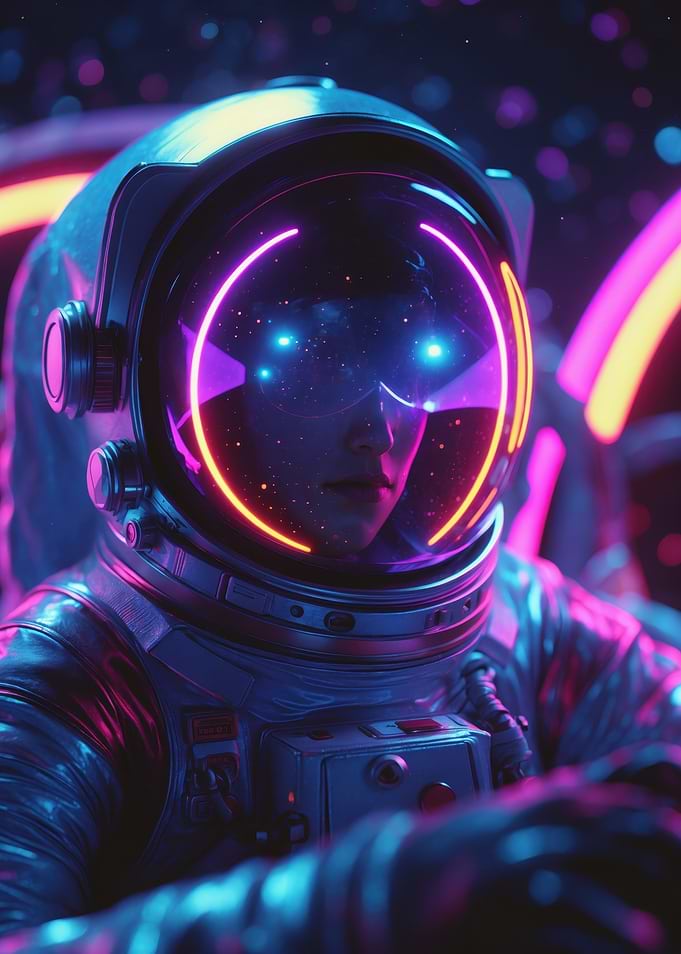 Neon Astronaut Portrait — Futuristic Cosmic Helmet with Glowing Visor