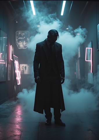 Neon Noir Silhouette - Man in Smoke-Filled Cyberpunk Corridor