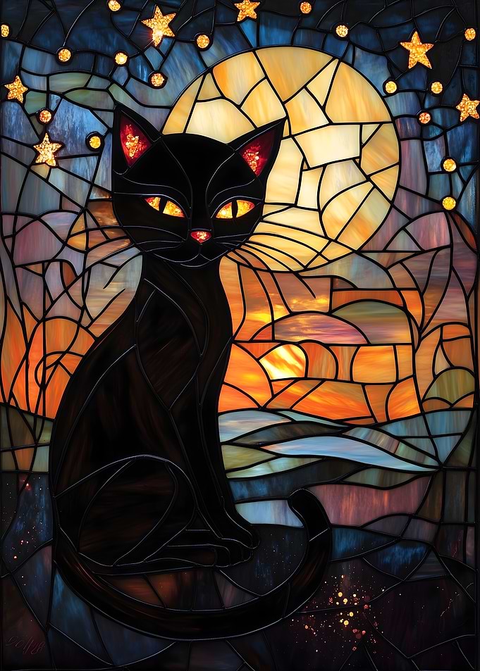 Stained Glass Black Cat and Moon