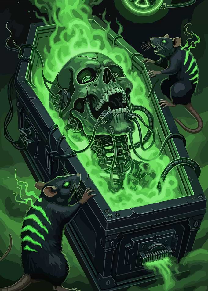 Cyberpunk Skull in Coffin with Rats